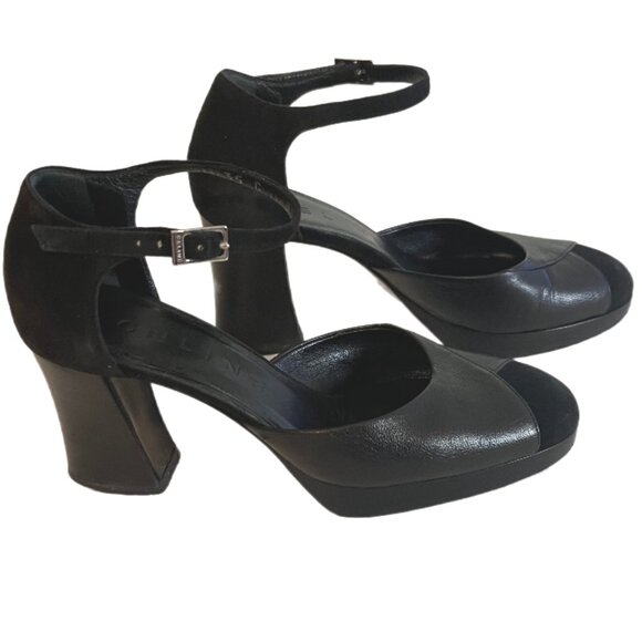 Celine Blk Leather/Suede Mary Jane’s Round Toe Chunky Heels Gold Buckle Size 37 - Picture 1 of 13
